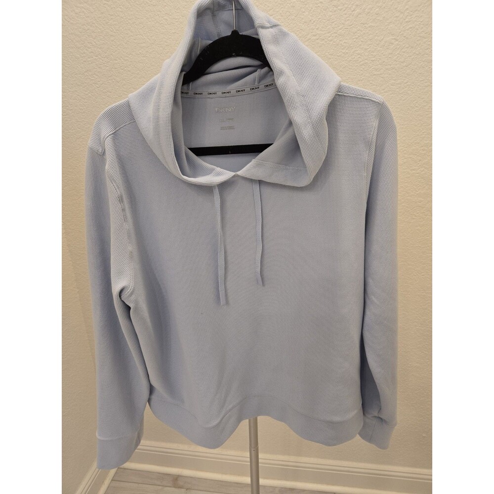 DKNY Waffle Knit Hoodie XXL Womens Light Blue Thermal Pullover Lounge Sweatshirt